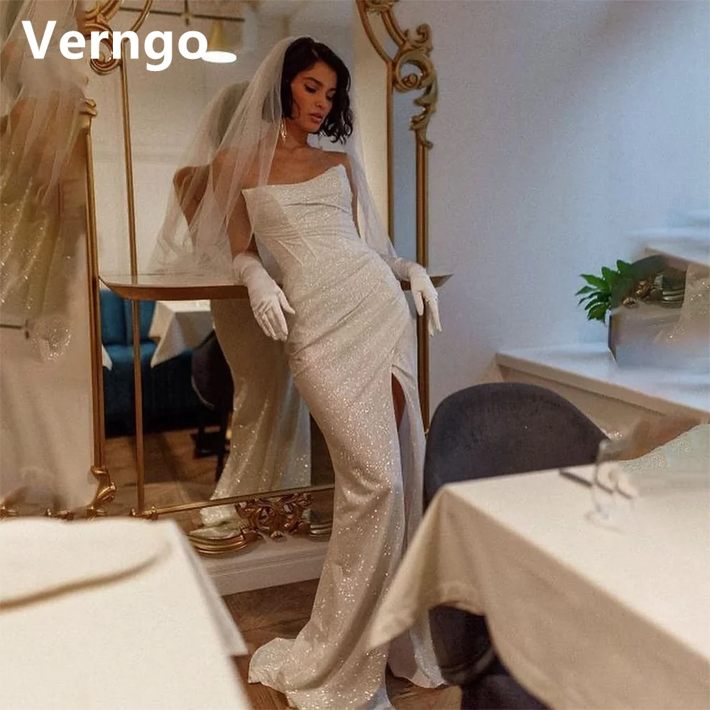 

Verngo Sequined Wedding Party Dress For Women Sweetheart Mermaid Bridal Gowns Sexy Side Slit Prom Gowns Glitter Formal Dress