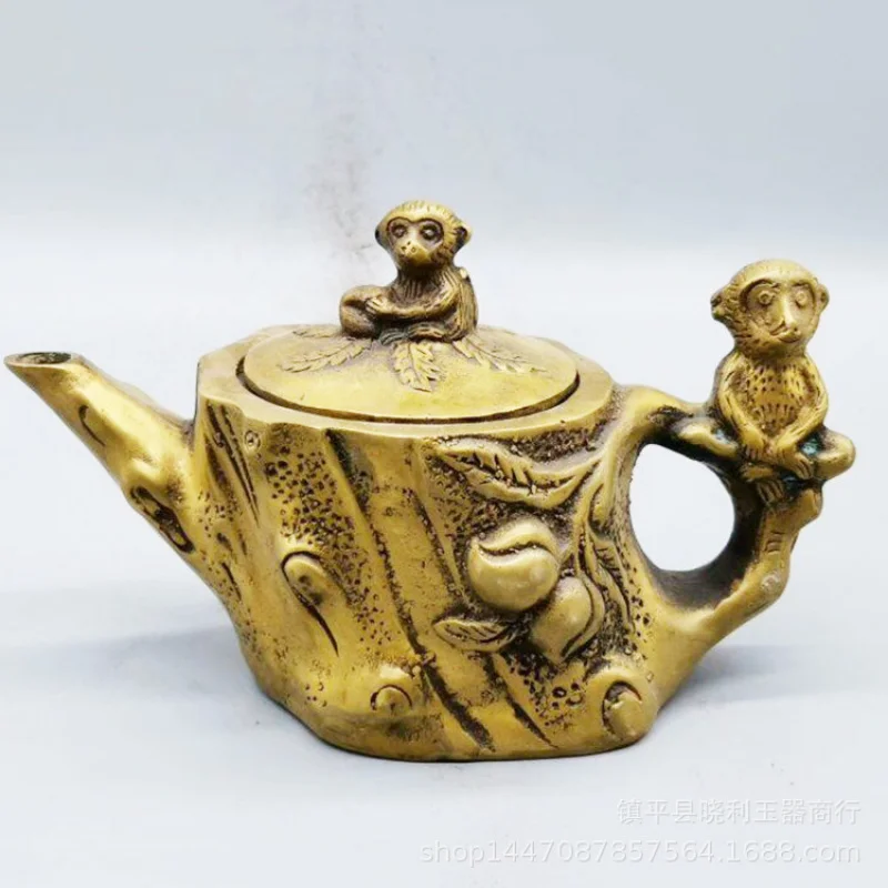 Copper with Fish on Bamboo Monkey Pot Home Decoration Metal Craft Chinese Style Money Mouse Ornament