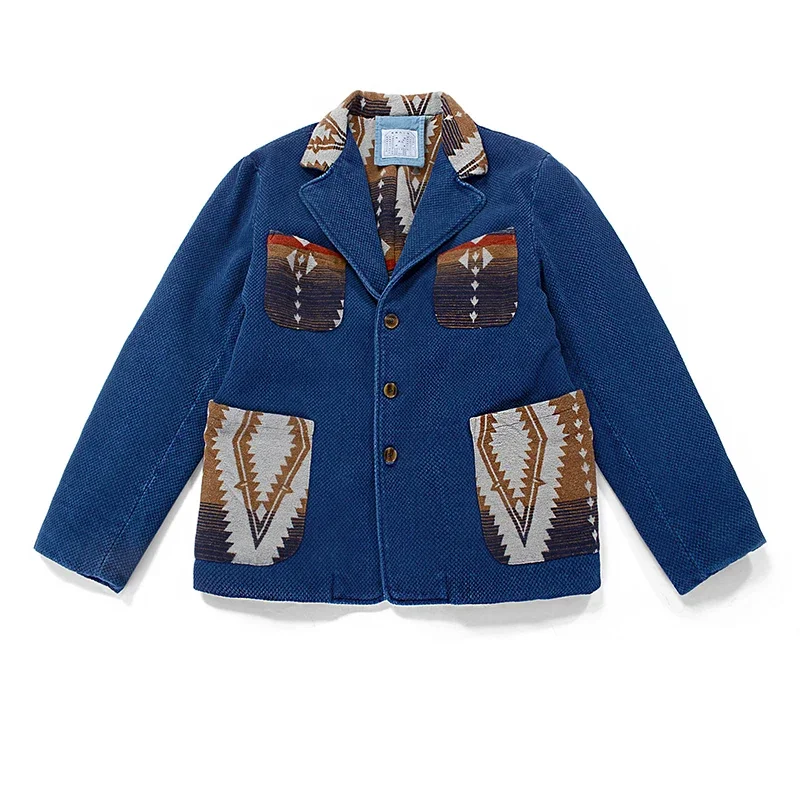 Men's Indigo Multi Pockets Jacket French Retro Blue Dye Lapel Thick Workwear Tooling Cardigan Coat plus Size for Autumn Winter