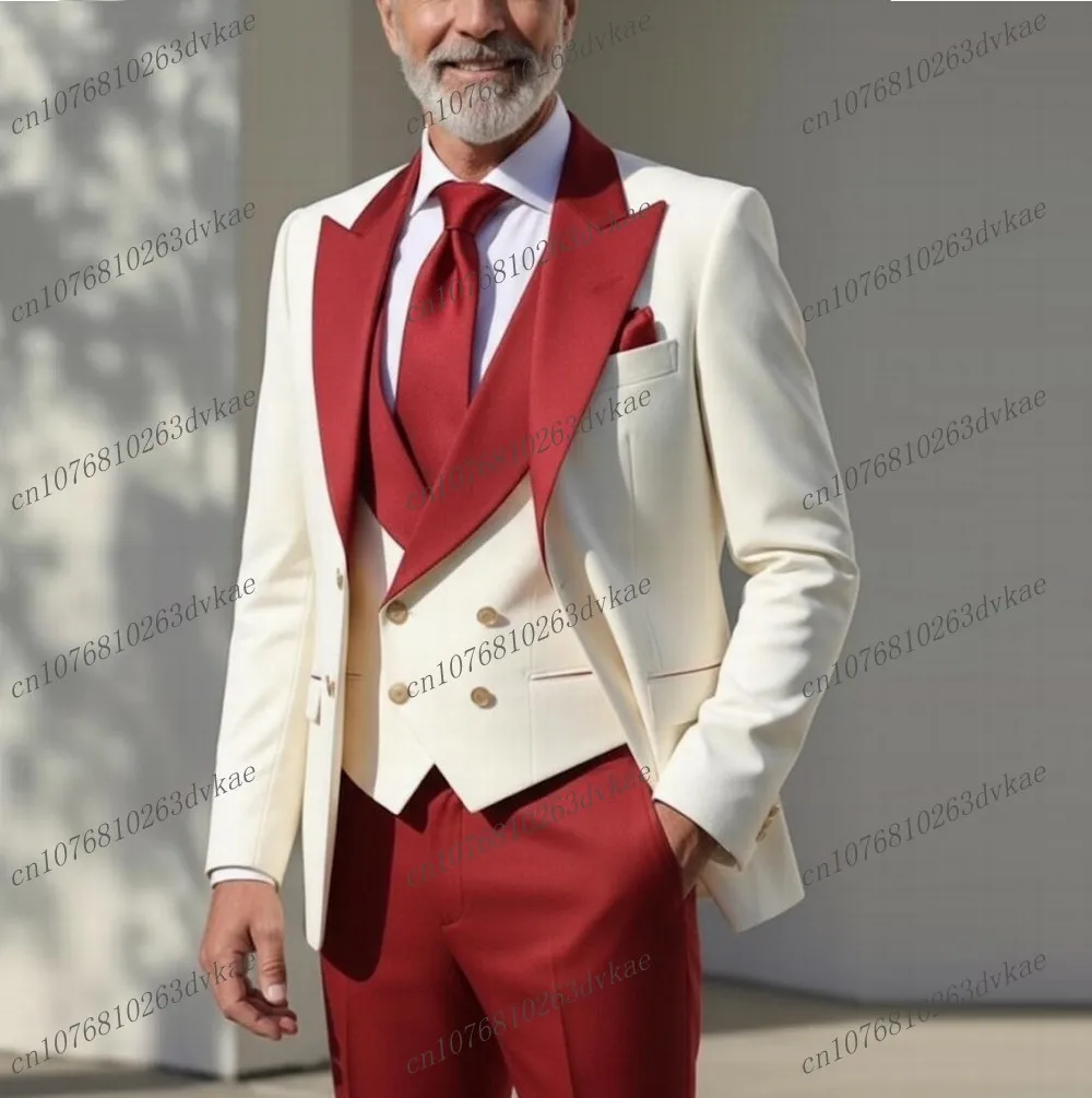 

New Red And White Men Suit Wedding Party Formal Groom Groomsman Prom Business Male Tuxedos 3 Piece Set Jacket Vest Pants