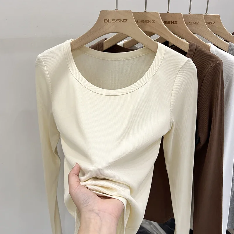 New Fleece-lined Thick Brushed Low O-Neck Autumn Winter Solid Slim Long-Sleeved T-shirt Women Simple Versatile Base Layer Top