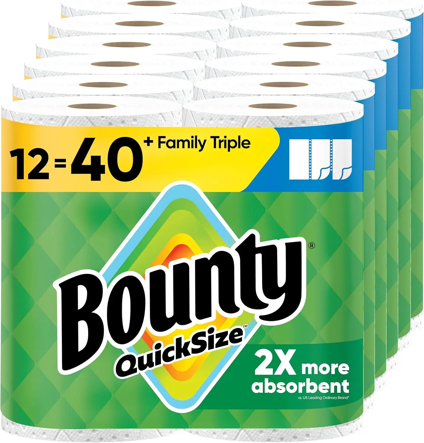Quick-Size White Paper Towels, 12 Triple Rolls = 40 Regular Rolls, Absorbent & Durable for Home Use
