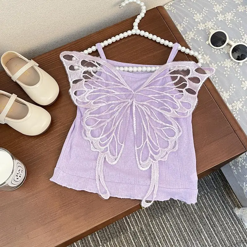 Girls T-shirts 2024 New Summer Lace Wings Small Sling Outward Wearing Tank Top Cotton Girl Baby Fashion Top