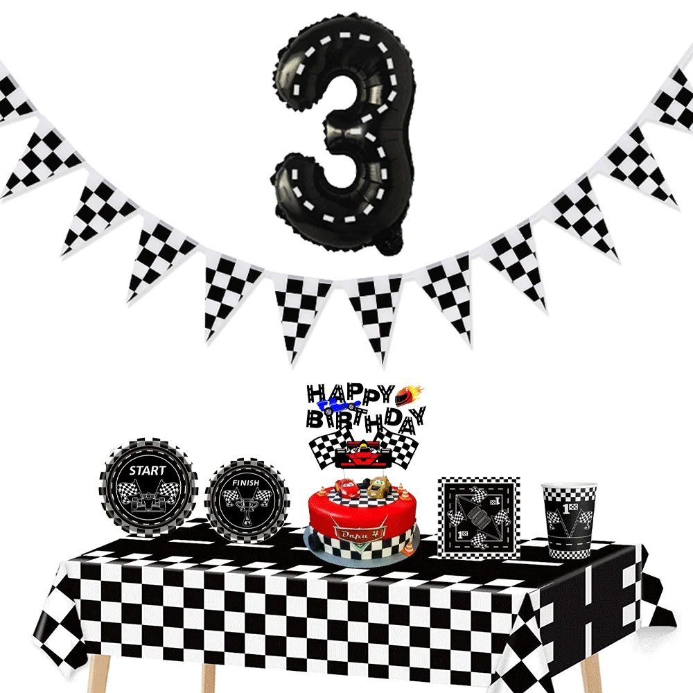 Black White Racing Party Decoration Tableware Hot Wheels Racing Flag Checkered Balloon Tablecloth Cake Topper Boy Birthday Favor