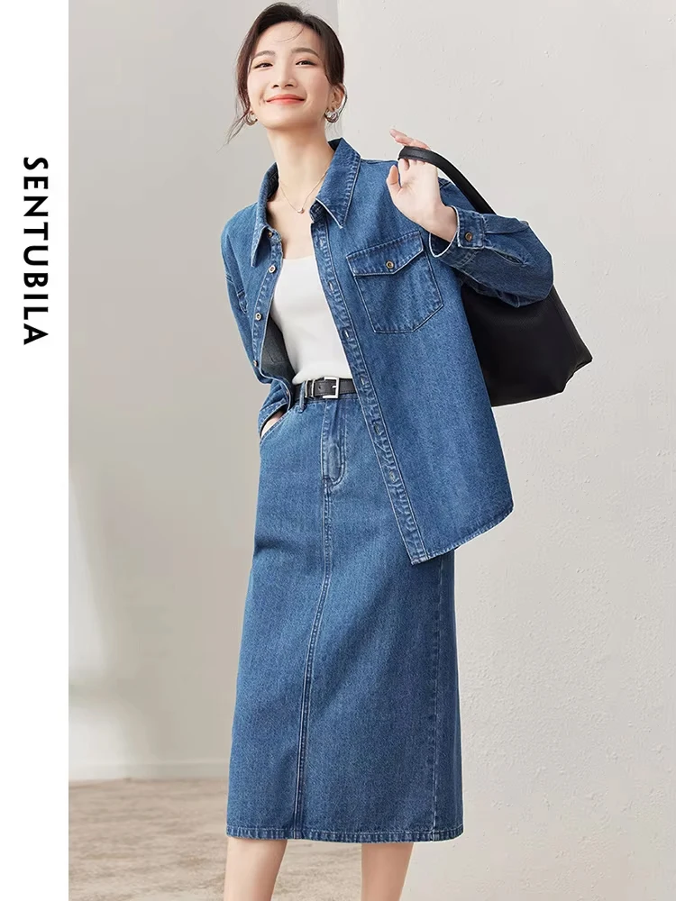 

SENTUBILA Women's Denim Set 2024 Spring Casual Outfit Button Down Shirt Jacket and Straight Skirt 2 piece Matching Set W33Z50809