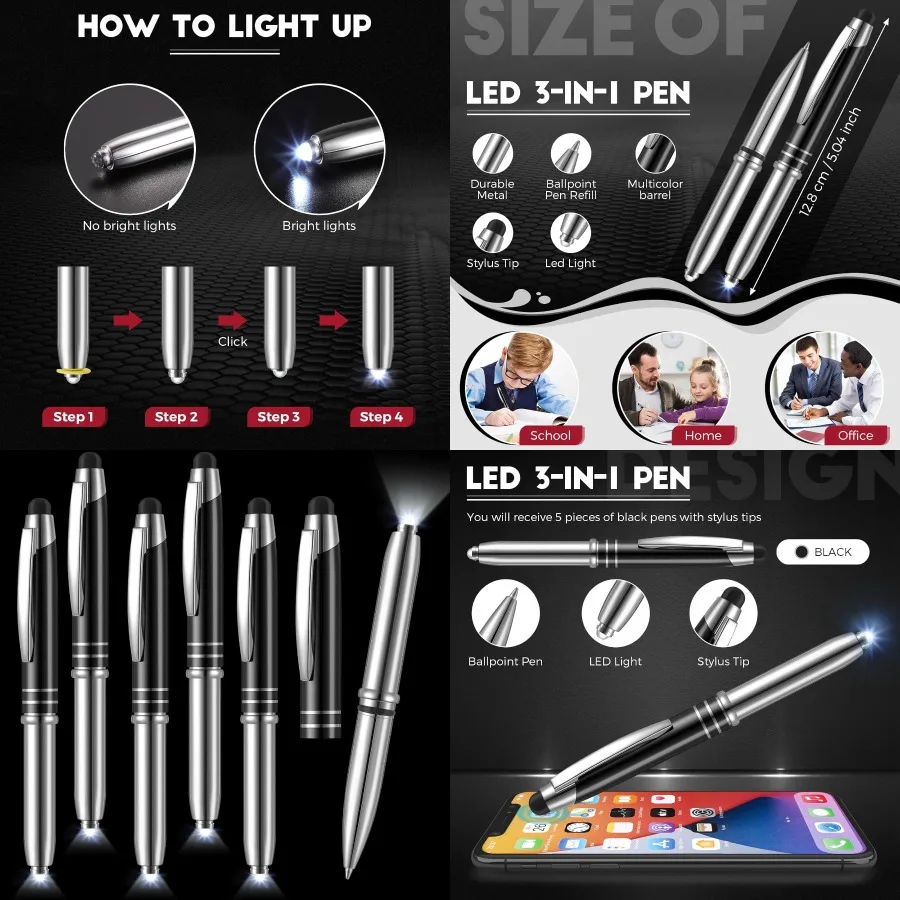 

5 Pieces Stylus Pen for Touchscreen Devices Multi-Function Capacitive Pen with LED Flashlight 3 in 1 Invisible Metallic Ink Too