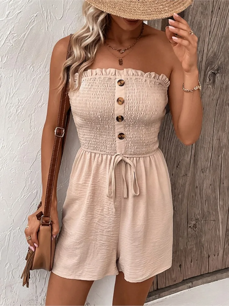 Dames Jumpsuit Zomer 2024 Tube Top Ruche Knoop Kanten Wijde Pijpen Shorts Vakantie Pak Modieuze Dameskleding