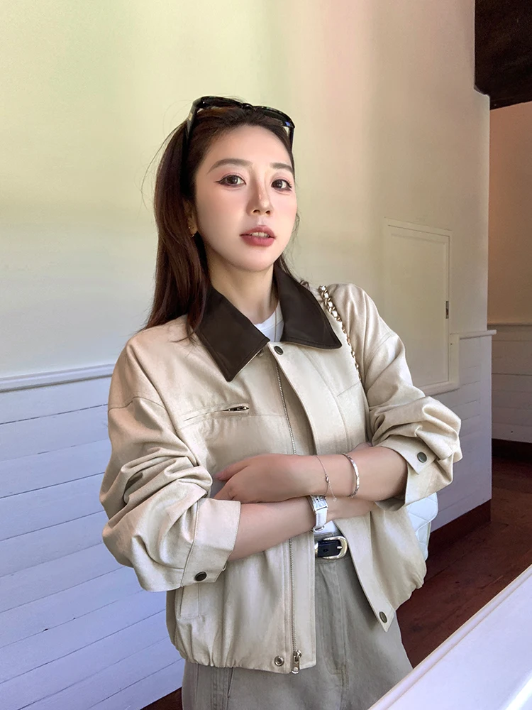 

Retro Art Collar Color Blo Cotton Denim Texture Jaet ort Women's Premium Faion Straight Cut Long Sve Zipper Closure