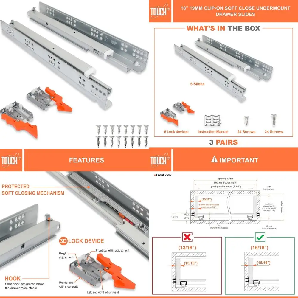 

Soft Close Under-Mount Drawer Slides, 3/4 Inch, 3 Pairs, 18 Inch Length, Concealed Runners for Smooth Glide, Self-Closing Bottom