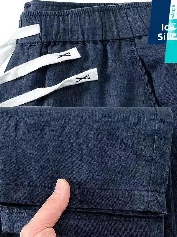 

Летние мужские свободные прямые брюки из ледяного шелка Qui Dry, дышащие тонкие повседневные брюки, молодежные брендовые брюки для отдыха