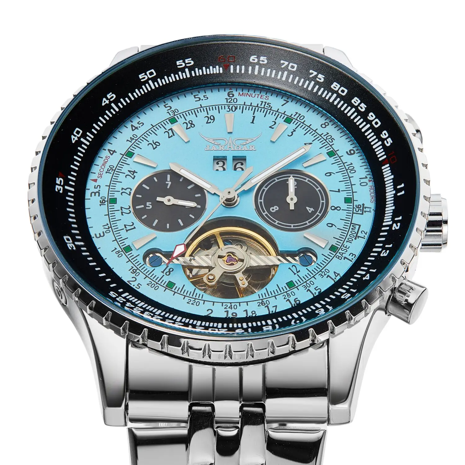 JARAGAR ساعات آلية رياضية متعددة الوظائف تقويم توربيون هيكل عظمي ساعة أوتوماتيكية للرجال حزام من الفولاذ المقاوم للصدأ جديد