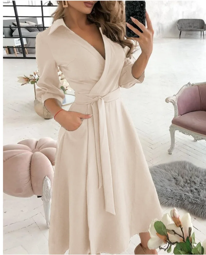 2024 Women\'s Spring/Summer Leisure Solid Color Fashion Long sleeved V-neck Printed Wrapped Hip Dress