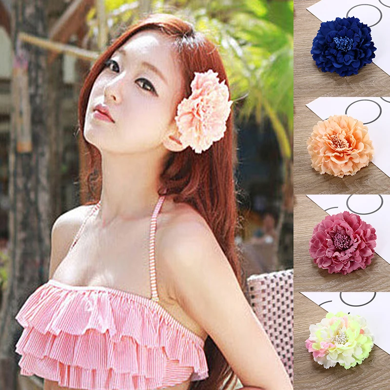 Big Artificial Flower Hairpins Bohemia Bridal Peony Flowers Hair Clips Holiday Beach Seaside Barrette Wedding Headwear Brooch