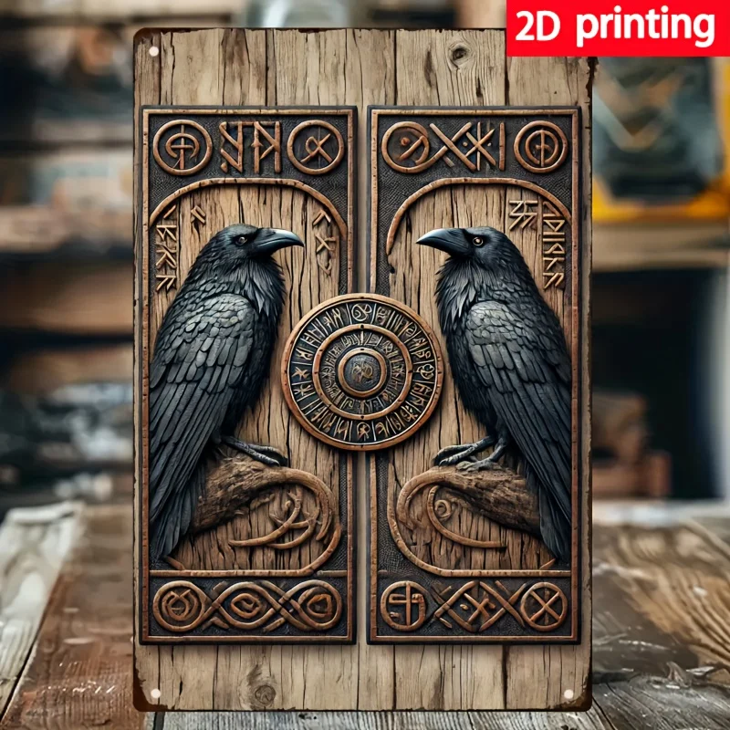 Impresión 2D, 1 pieza, escudo vikingo y arte de pared de hierro de cuervo, placa de estaño de hierro de Metal pintado impermeable, mitología nórdica simétrica