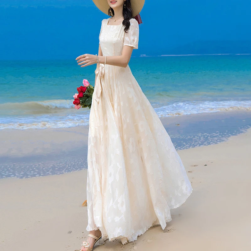 White Chiffon Dress Women's New Fashion Summer Long Style Great Fairy Temperament Seaside Resort Beach Dress E5120