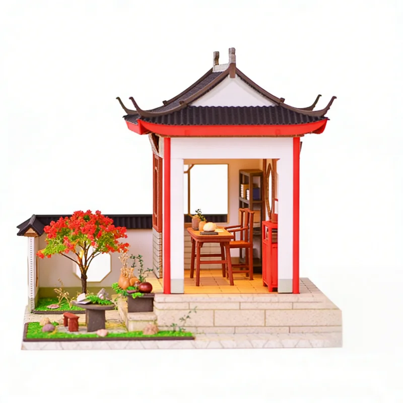 

OUZEY Chinese Style Courtyard DIY Wooden Miniature House Kit Handmade Assembly Traditional Architecture Desk Decor Creative Gift