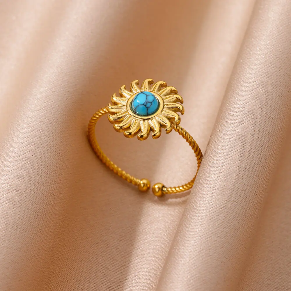 Vintage Opal Sun Flower Rings for Women Stainless Steel Sunflower Blue Stone Open Ring Wedding Waterproof Christmas Jewelry BFF