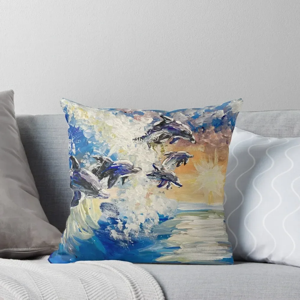 

Acrylic painting of dolphins at sunset Throw Pillow Cushions Home Decor Room decorating items pillow