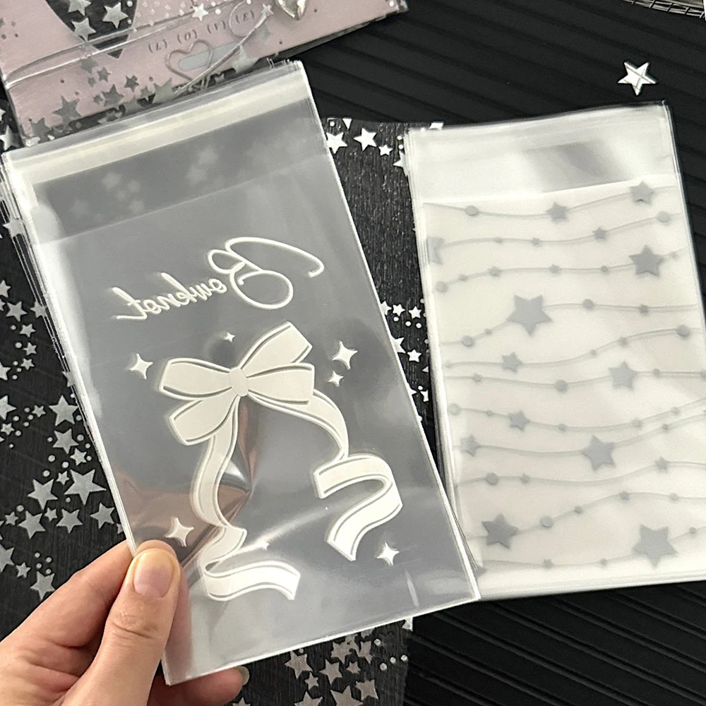 50Pcs Clear Photocard Holder Cute Bowknot Self Adhesive Bag Star Print Small Card Packaging Bag Opp Self Sealing Bag Card Sleeve