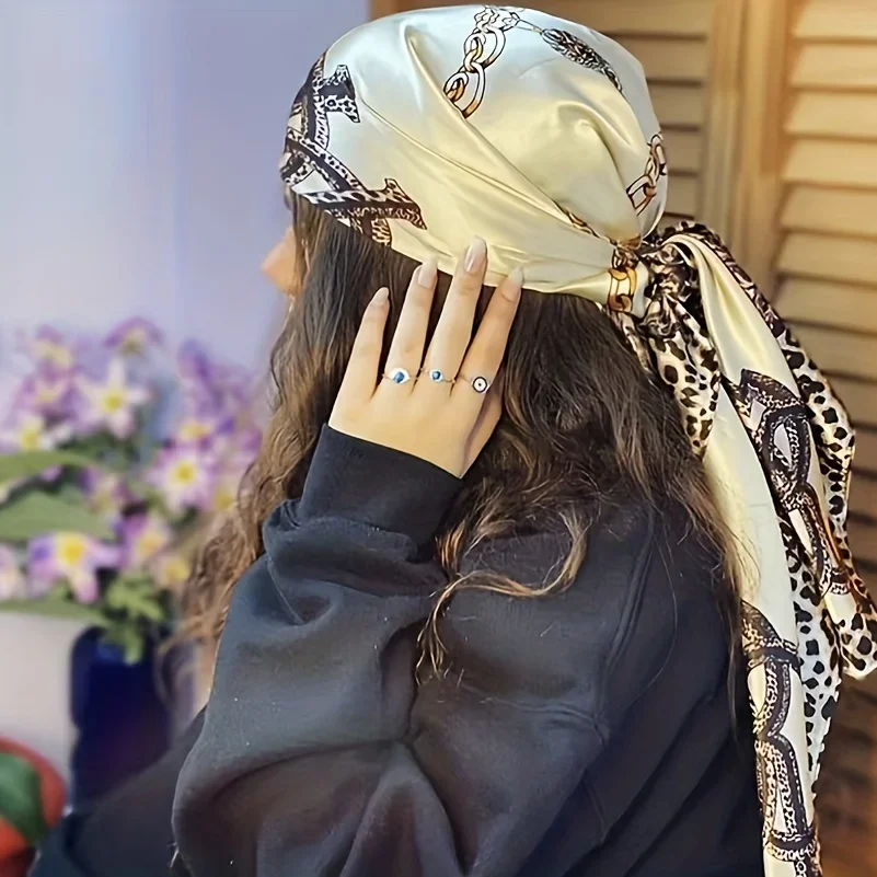 

35" Leopard Chain Print Square Scarf Classic Satin Bandana Vintage Hijab Women Head Wraps Windproof Shawl