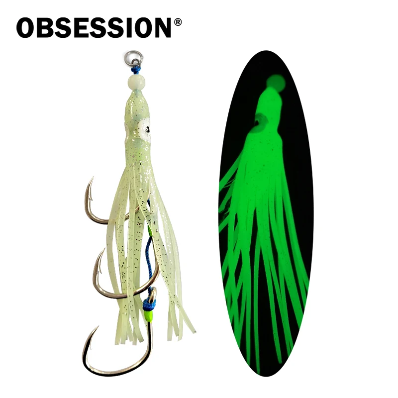 OBSESSION HK012 10pcs/bag Triple Assist Octopus Hook Trolling Jigging Assist Fishing Hooks Glow Soft Treble Squid Barbed Hooks