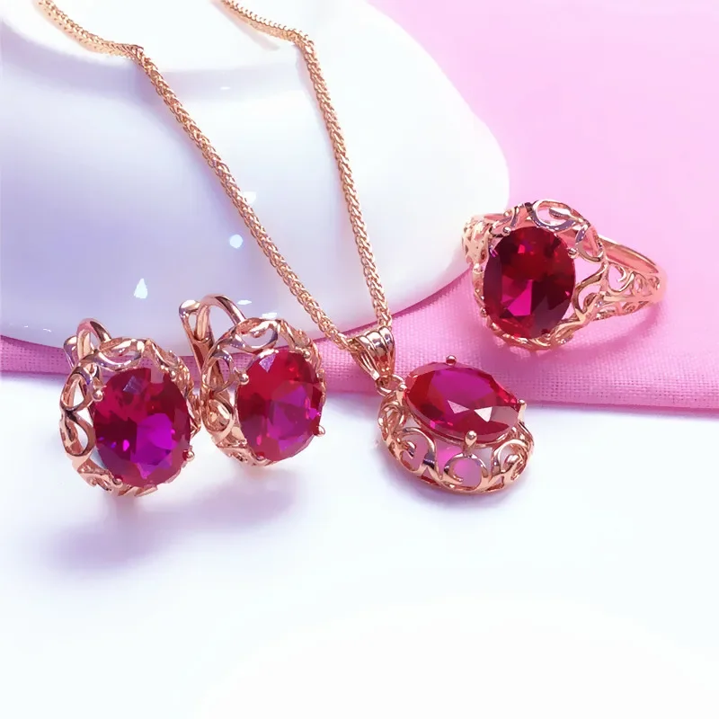 Luxury Inlaid Ruby Jewelry Set Hollow Design Plated 14K Rose Gold Wedding Necklaces Rings Earrings for Girlfriend