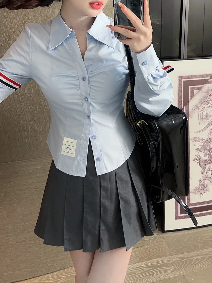 

Spring Summer New Style Women's Slim Fit Shirt Short Length Long Sleeve Cotton Gauze Waist Cinched College Style Fashionable