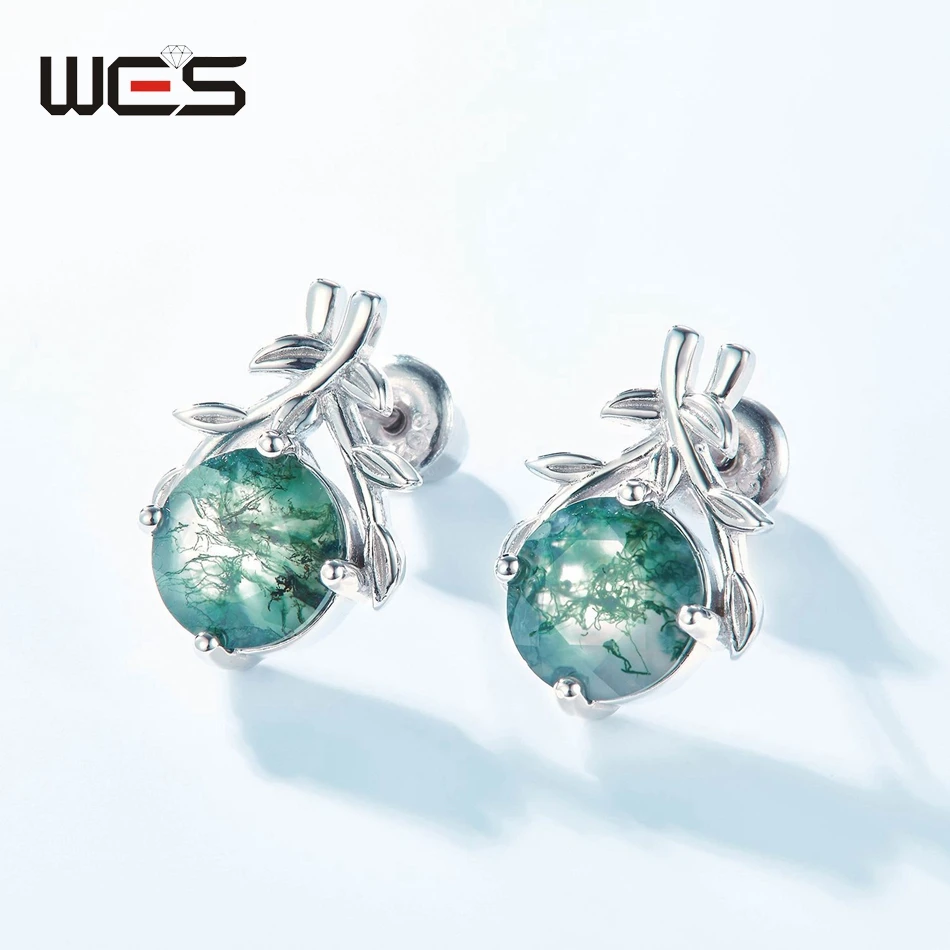 

WES 925 Sterling Silver Natural Moss Agate Gemstone 8*8mm Olive Branch Earrings for Woman Valentine Party Gifts Fine Jewelry