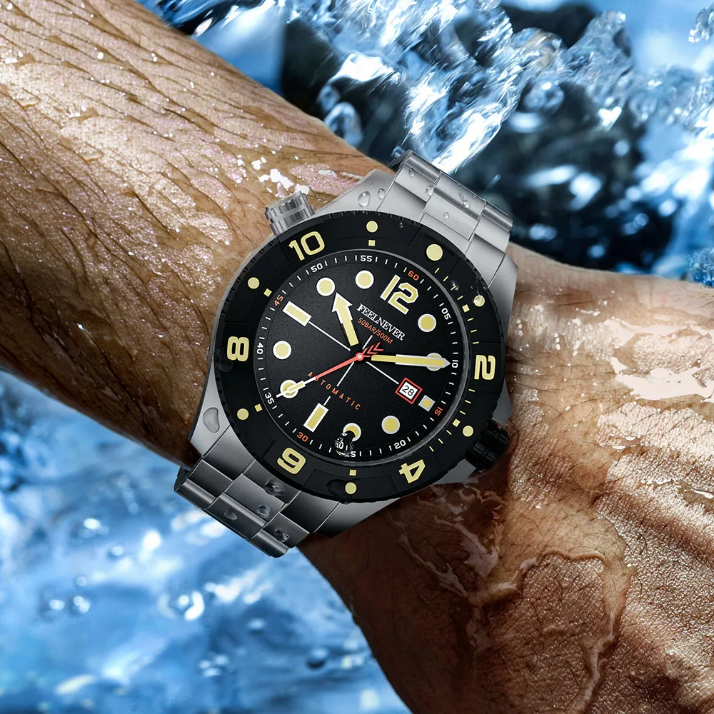 FeelNever Profession Dive Sport Mechanical Watches 316L Stainless Steel Sapphire Crystal 50Bar Auto Date Wristwatch reloj hombre view 5