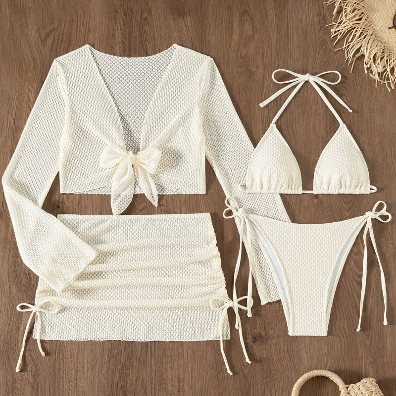 

Sexy Mesh 4 Piece Bikini Set 2025 New Women Long Sleeve Cover Up With Skirt Swimsuit Beach Bathing Suit Holiday Thong Swimwear