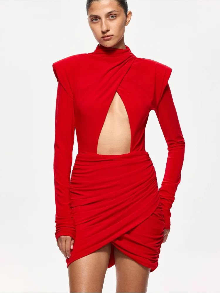 CNYISHE الجوف خارج كم طويل الصلبة س الرقبة الورك التفاف غمد سستة النساء فساتين ملابس الحفلات الإناث Bodycon Vestidos الجلباب #4
