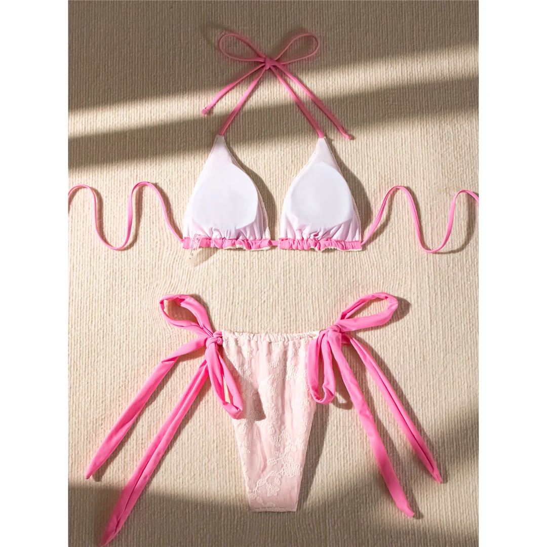 Bestickter Neckholder-Bikini mit Trägern, Damen-Badeanzug, zweiteiliges Bikini-Set, hoch geschnittener Badeanzug, Badebekleidung, Modell V5432 – Detail 14