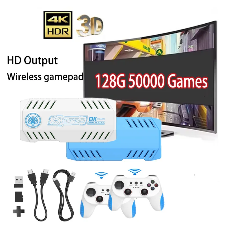 128G Game Stick X10 Pro 4K وحدة تحكم ألعاب تلفزيون فيديو لوحات ألعاب لاسلكية لعبة فيديو 50000 + ألعاب أركيد كلاسيكية HD لاعبين