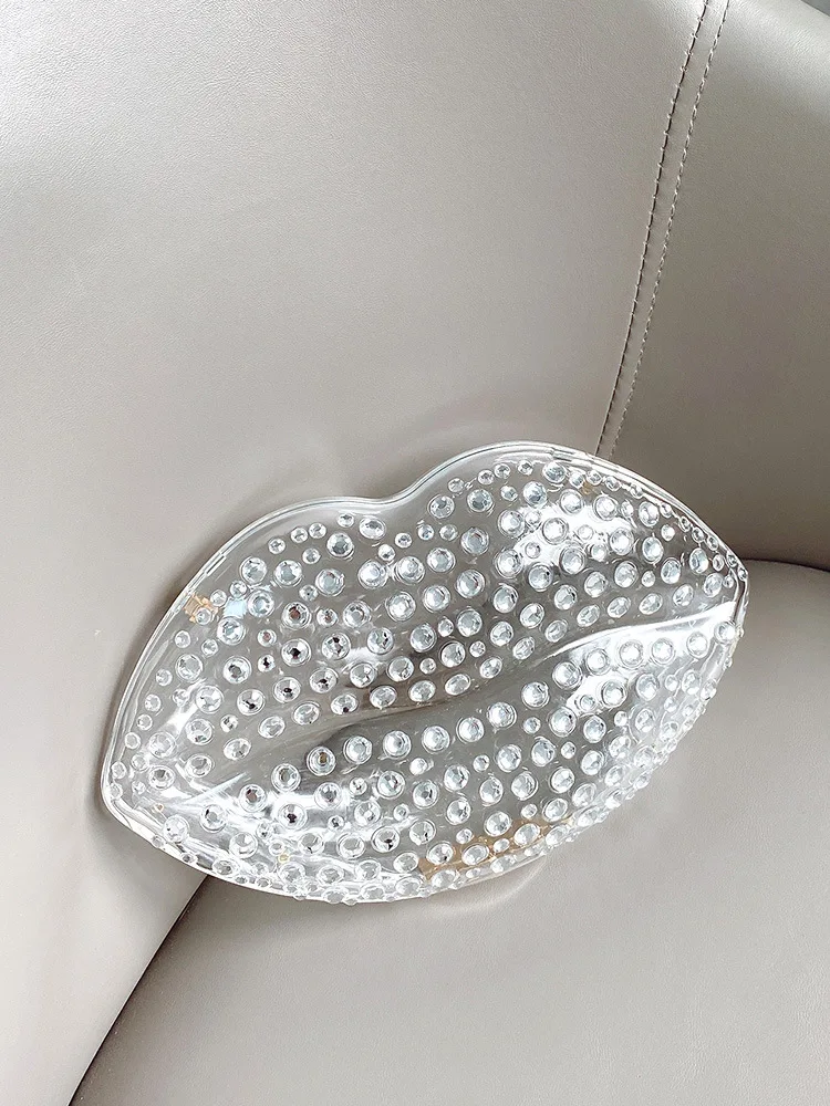 Cute Quirky Lip Shaped Transparent Acrylic Handbag Women Sparkling Rhinestone Box Bag Niche Design Shell Crossbody Bag