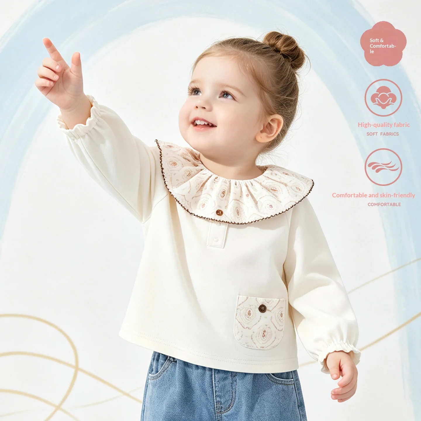 Girls' Floral Print Ruffle Neck Top, Cute Buttoned Pocket Tee, Soft Cotton Blouse for Spring Outings