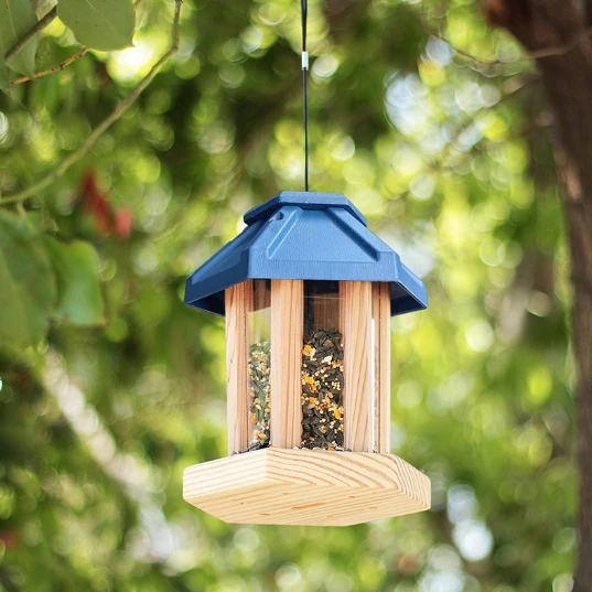 Wooden Bird Feeder Food Feeding Tool Hanging Outdoor Birds Feeder Multiple Hole Nut Feeding House Large Bird Food Container