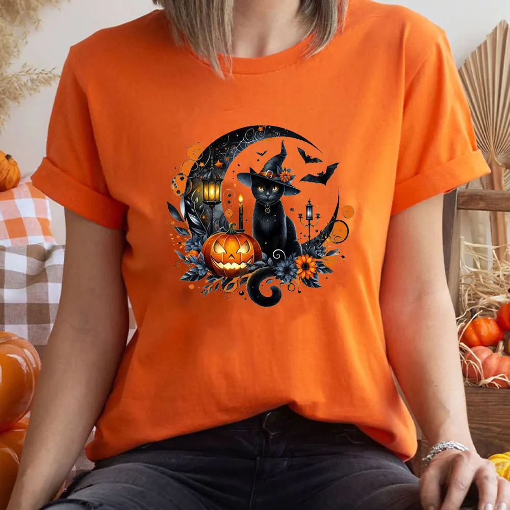 Jack Lanterns  Women Ghost Pumpkin Bat Skeleton Print Round Neck Pullovers Cotton Shirt Graphic T Shirts Y2k Top Harajuku Tops