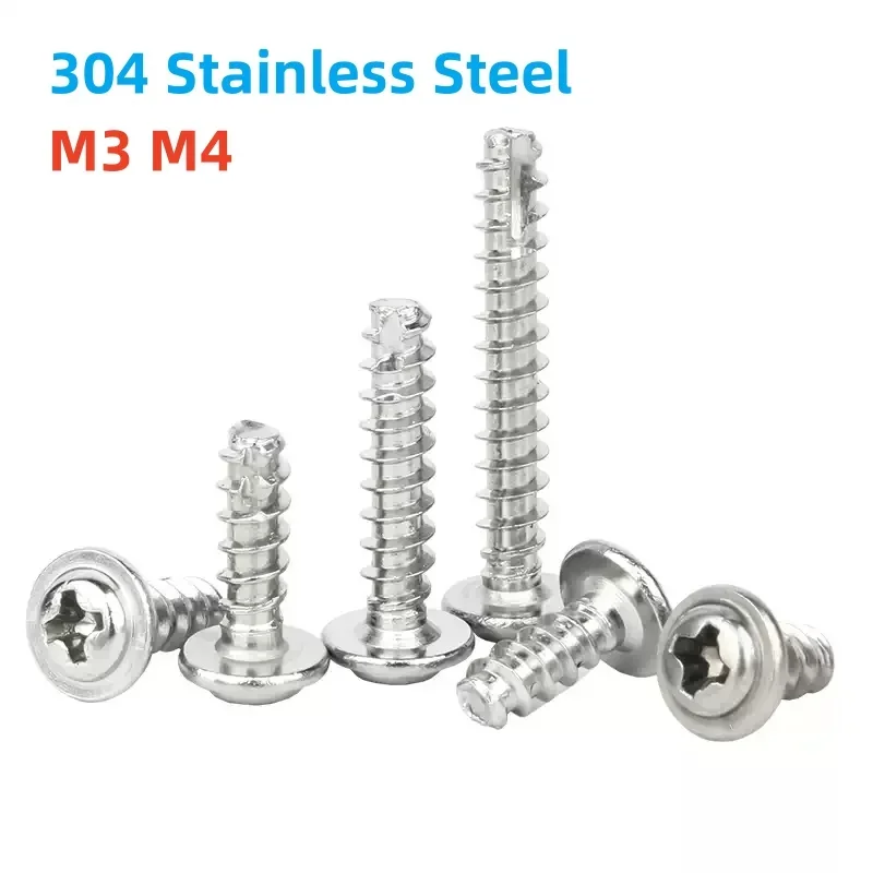 304 Stainless Steel M3 M4 Cross Round Phillips Pan Head With Washer Tail-Cut Self Tapping Screws