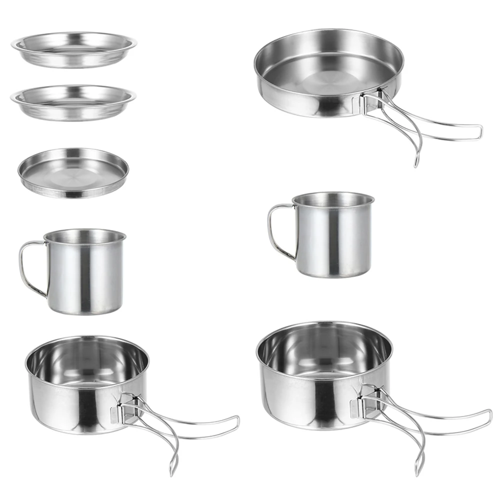 

Stainless Steel Camping Cookware Kit Portable Cooking Gear Foldable Handle Durable for Backpacking Picnic Outdoor Hiking Travel