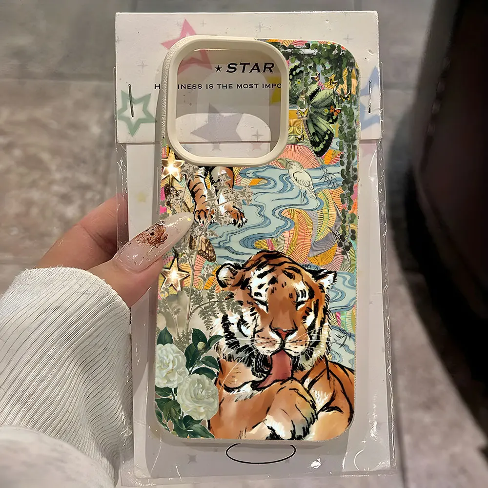 

Cute Wild Style Tiger Pattern Phone Case For iPhone 17 16 15 14 13 12 11 Pro Max 14 Plus 17 Air X Xs XR Lychee Soft Cover