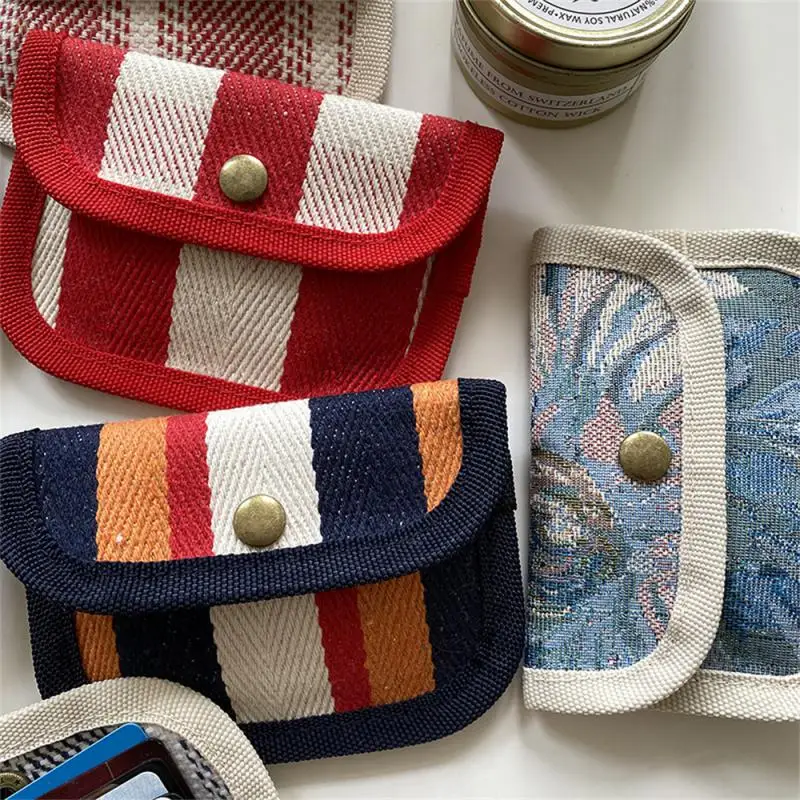 Striped Plaid Canvas Card Holder Portable Hasp Coin Purse ID Credit Card Bags Cover Multifunctional Headphone Key Storage Bags