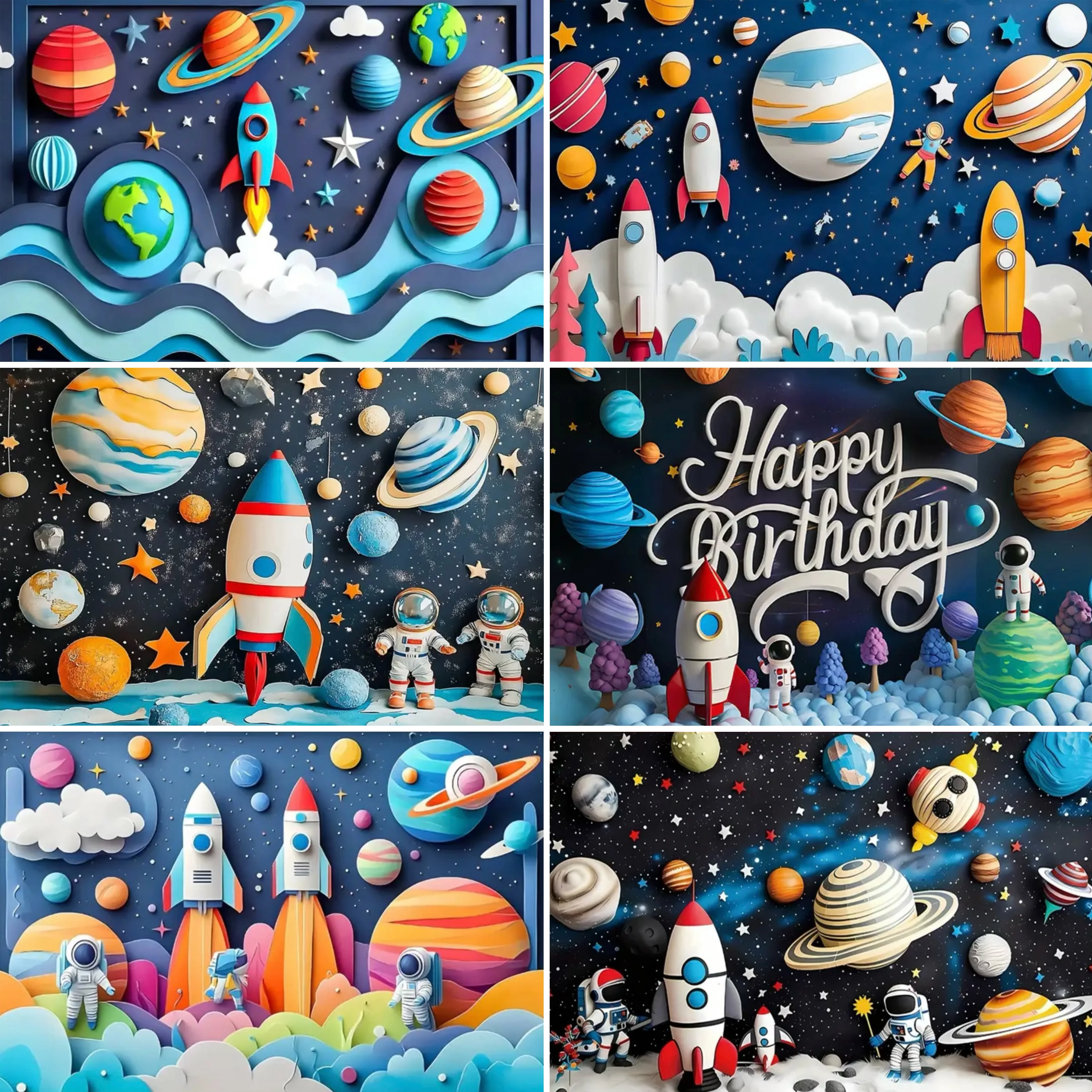 Fondo de decoración para fiesta de cumpleaños con tema de planeta espacial de cohete de dibujos animados, cielo estrellado, decoración para fiesta de cumpleaños para niños, pancarta, suministros para fiesta
