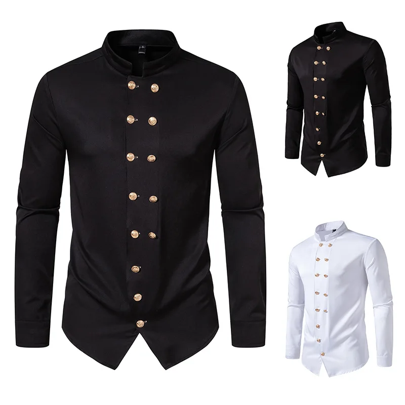 

New Long Sleeve Mens Formal Shirt Double Breast Slim Fit Henry Collar Mens Prom Social Tuxedo Dress