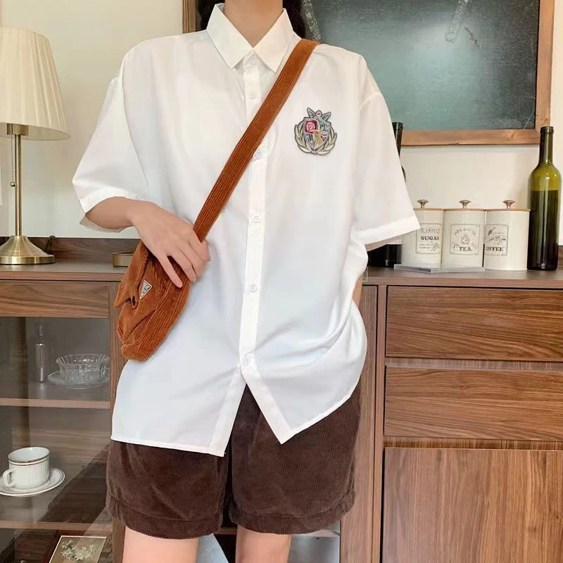 DAYIFUN Summer Short Sleeved Shirts with Badge 2025 Solid Color Lapel College Style Design Blouses Women's Loose Fitting Blusas