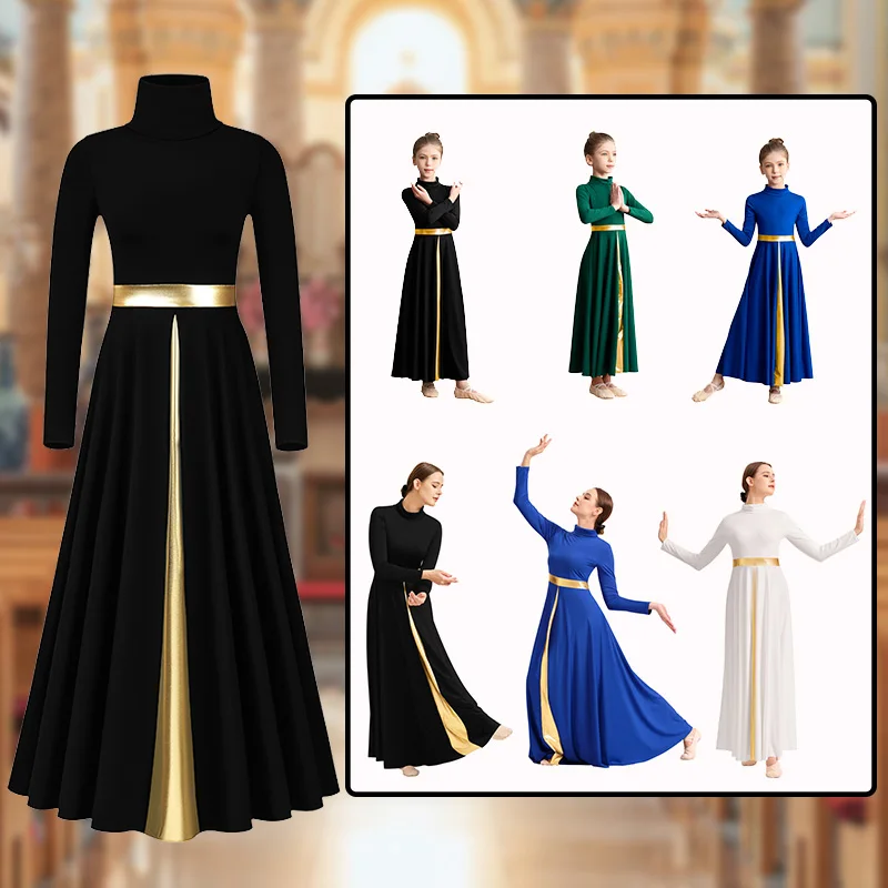 

Praise Modern Dance Dress High Neck Long Sleeve for women & girls Loose Fit Dancewear Worship Liturgical Metallic Church Robe