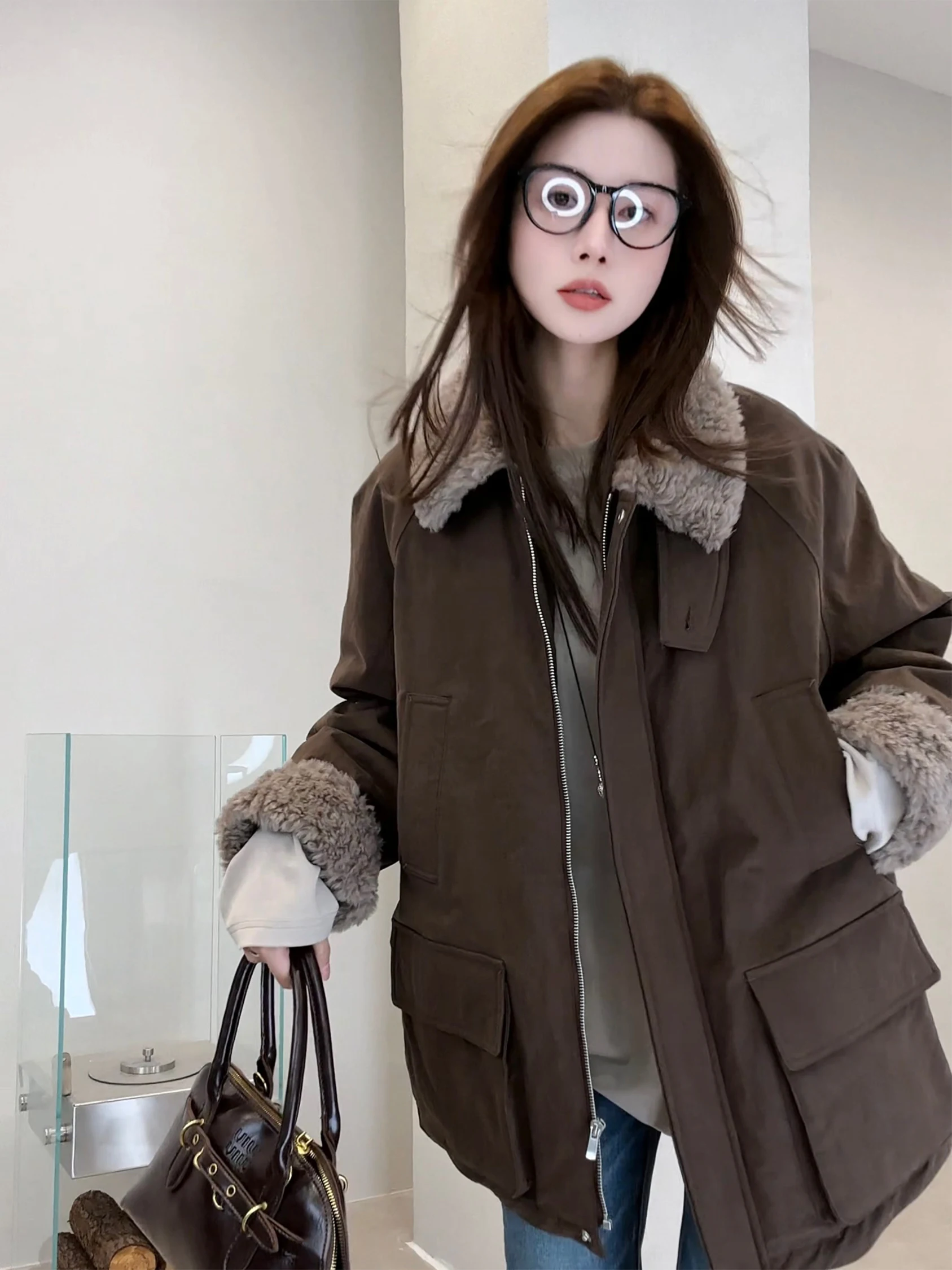 

Thiened Winter Parka down Jaet Collar Faux Fur Splicing Warm White Du Feather Women's Straight Cut Long Sve Zipper