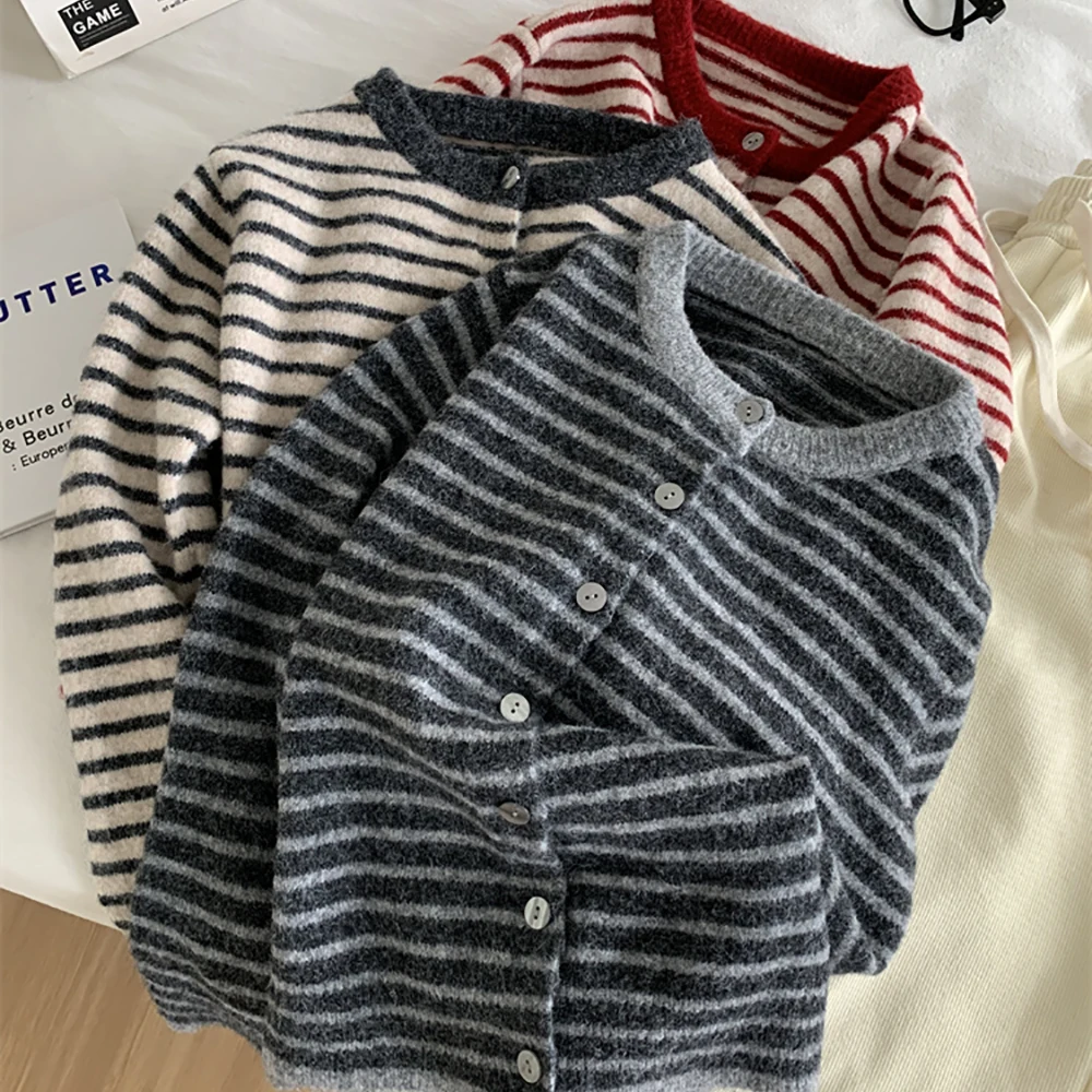 Casual Gestreifte Gestrickte Strickjacken Frauen Herbst Winter Kontrast Farbe Oansatz Einreiher Pullover Mäntel Weiche Alle-Spiel Pullover