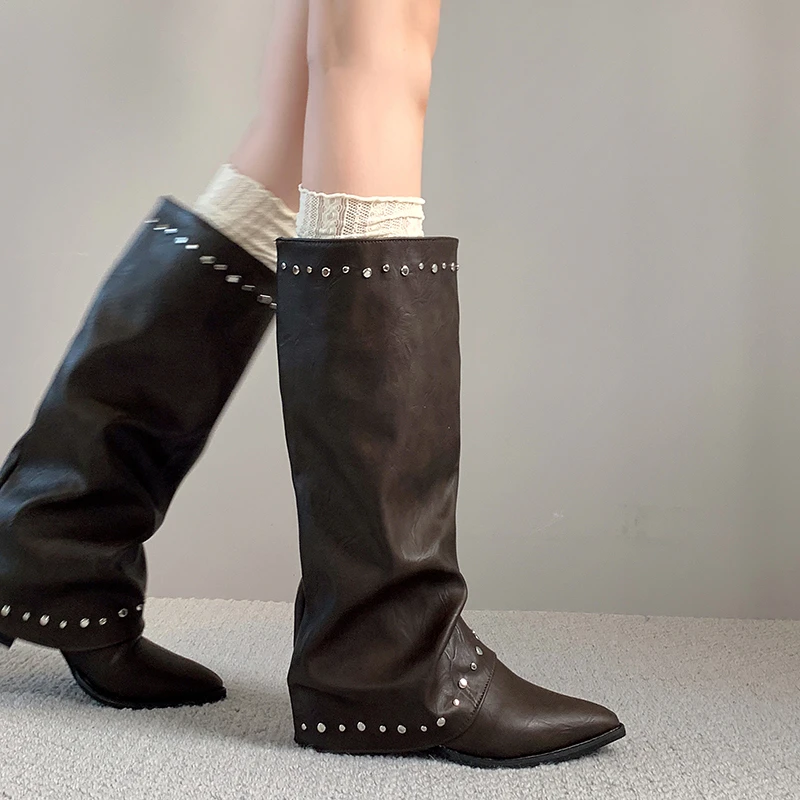Pointed Toe Rivet Wide Calf Long Boots Women Ruched Slip On Block Heel Vintage Western Knee High Boots Ladies Fashion Footwear
