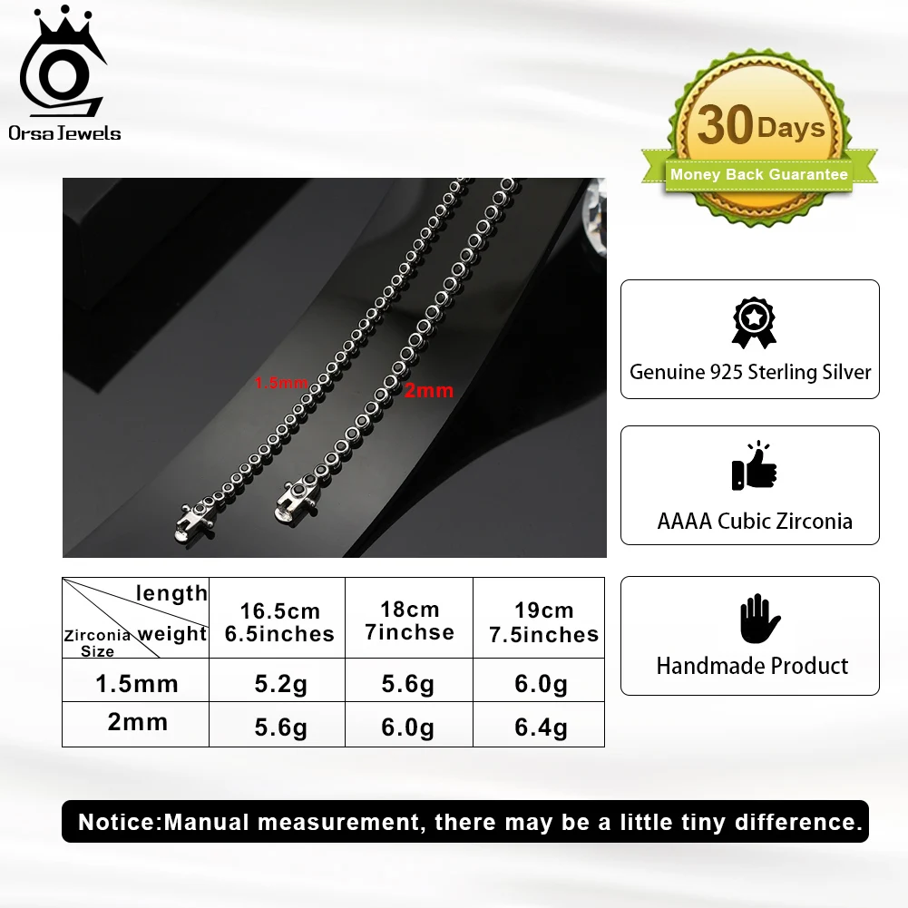 ORSA JEWELS 925 Sterling Silver 1.5/2mm Black Tennis Bracelet for Women Fashion Cubic Zirconia Chain Bracelet Jewelry SB145