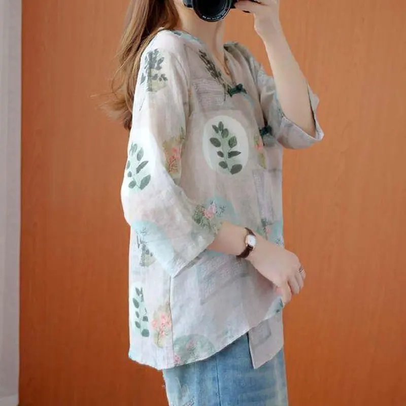 Folk Vintage Flowers Printed Shirt Fashion Chinese Disc Buckle Asymmetrical Female Spring Summer Casual Loose Half Sleeve Blouse